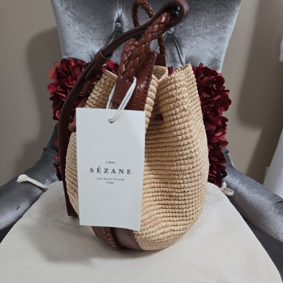SEZANE  Woven Crochet Raffia & Leather Drawstring Crossbody Zelie Bucket Bag - Picture 8 of 11